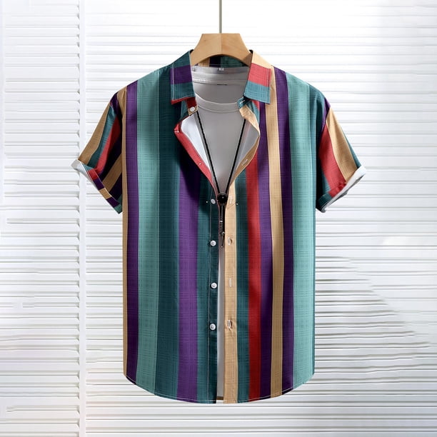 Blusa y camisa de manga corta con cuello vuelto para hombre, estilo casual, con botones, estampado playero, de manga corta, de poliéster