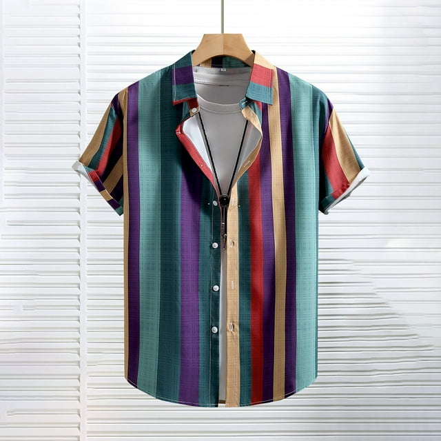 Blusa y camisa de manga corta con cuello vuelto para hombre, estilo casual, con botones, estampado playero, de manga corta, de poliéster