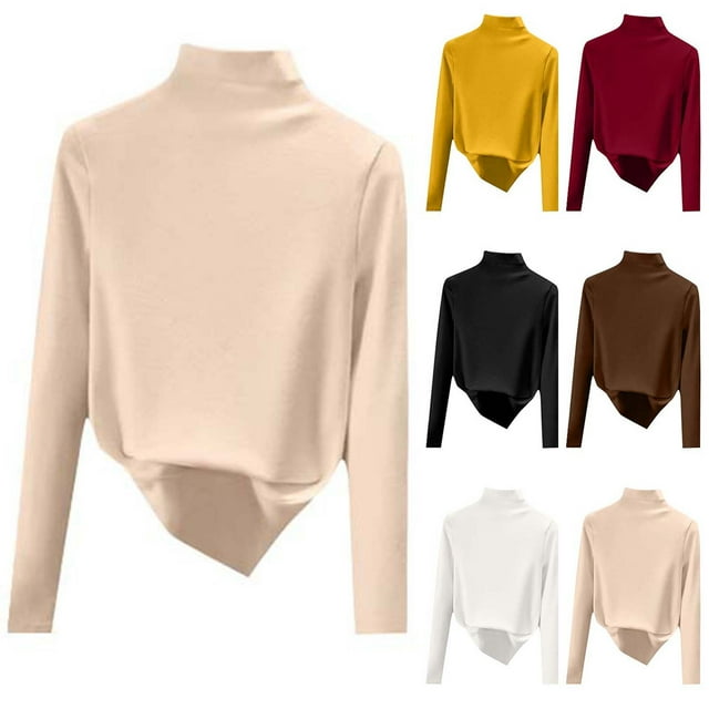 Sudadera con capucha de viaje,Camisa de mujer de color liso con cuello medio alto, blusa de poliéster de manga larga, top informal holgado para uso diario, sopatenor