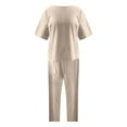 thumbnail image 3 of GILIGEGE Linen Sets for Women 2 Piece Summer Cotton and Linen Matching Suit Half Sleeved Wide Leg Pants Retro Set Of Two Tracksuit Lounge Matching Sets Khaki S, 3 of 7