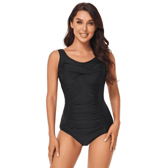 BIMEI Women's One-Piece Mastectomy Swimsuit Pocketed Swimwear High Neck Tummy Control Retro Ruched Slimming Bathing Suit 013,Black,L