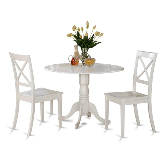 Furnifact 3-Piece Dining Set, Round Table, Drop Leaf, 2 Wood Chairs, Linen White Finish