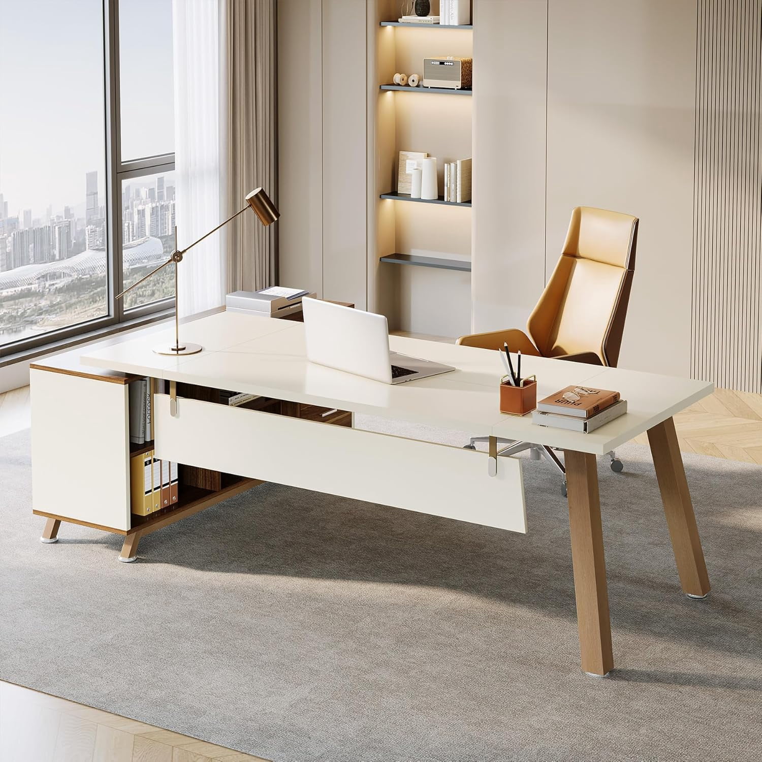 Tribesigns Large L-Shaped Desk, Modern Executive Office Desk with Drawers, 78.7 Inch Computer Desk with Cabinet for Home Office,White & Walnut