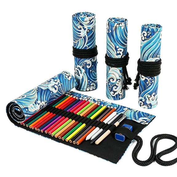 GASTROPOD 12/24/36/72 Slots Pencil Wrap Pencil Rolls,Artist Colored Pencils Roll Up Bag Short Brushes Pouch Case Pencils Organizer Drawing Coloring&Sketching,No Pencils(Blue Ocean,12Slots)