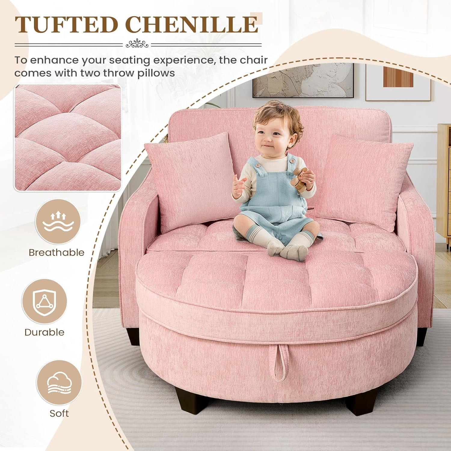 MOONMISS Oversized Chair and A Half, Chenille Tufting Accent Cozy Reading Sofa Chair with Storage Ottoman, Upholstered Loveseat Chaise Lounge Sofa with Adjustable Back for Living Room,Pink