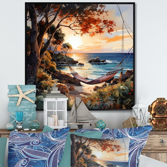 Designart "Hammock by the Beach at Sunset I" Coastal Framed Wall Art - Tropical Red Coastal Tropical Hallway Framed Wall Art Decor