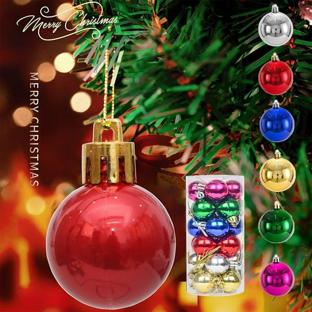 Juego de 24 Bolas Navideñas de Plástico Irrompible de 3 Cm, Surtidas, En 6 Colores: Rojo, Azul, Verde, Dorado y Plateado | Decoraciones Duraderas para Árboles de Navidad | Versátil para Usar Como Gui