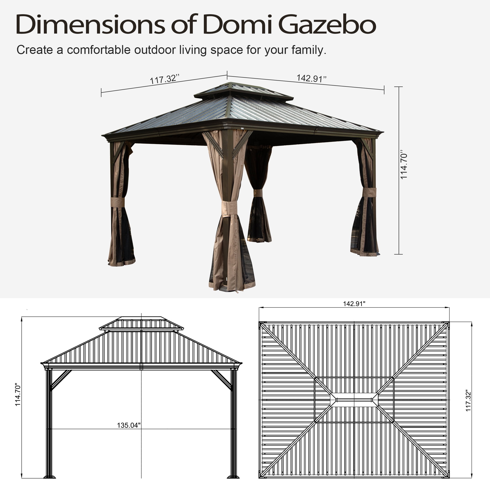 Domi 10' X 12' Permanent Gazebo Pavilion, Metal Hardtop Gazebo with Galvanized Steel Double Roof Canopy, Built-in Drainage Gutter, Curtain and Netting，Brown
