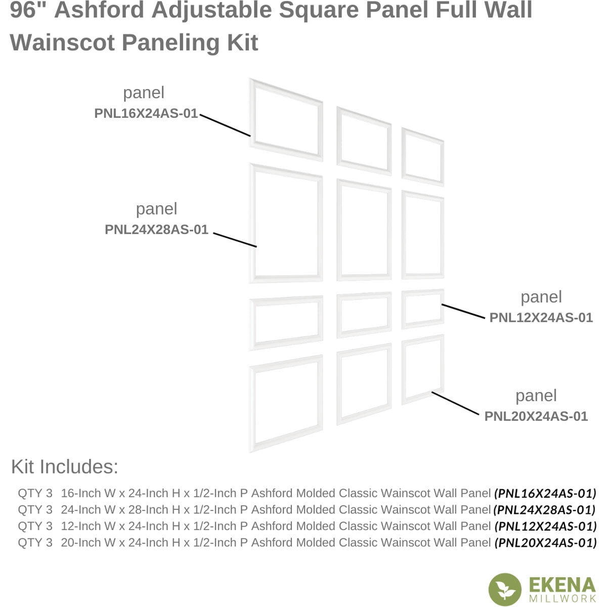Ekena millwork 94 1/2"L (Adjustable 94 1/2"H to 120"H) Ashford Square Panel Full Wall Wainscot Paneling Kit