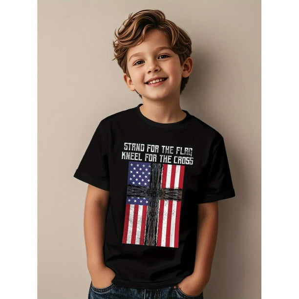 Stand Flag Kneel Cross God Jesus America US Christian Gift Funny Aesthetic Graphic Kid TShirt Casual Kid T Shirts Trendy Cool Tops Tees for Kid