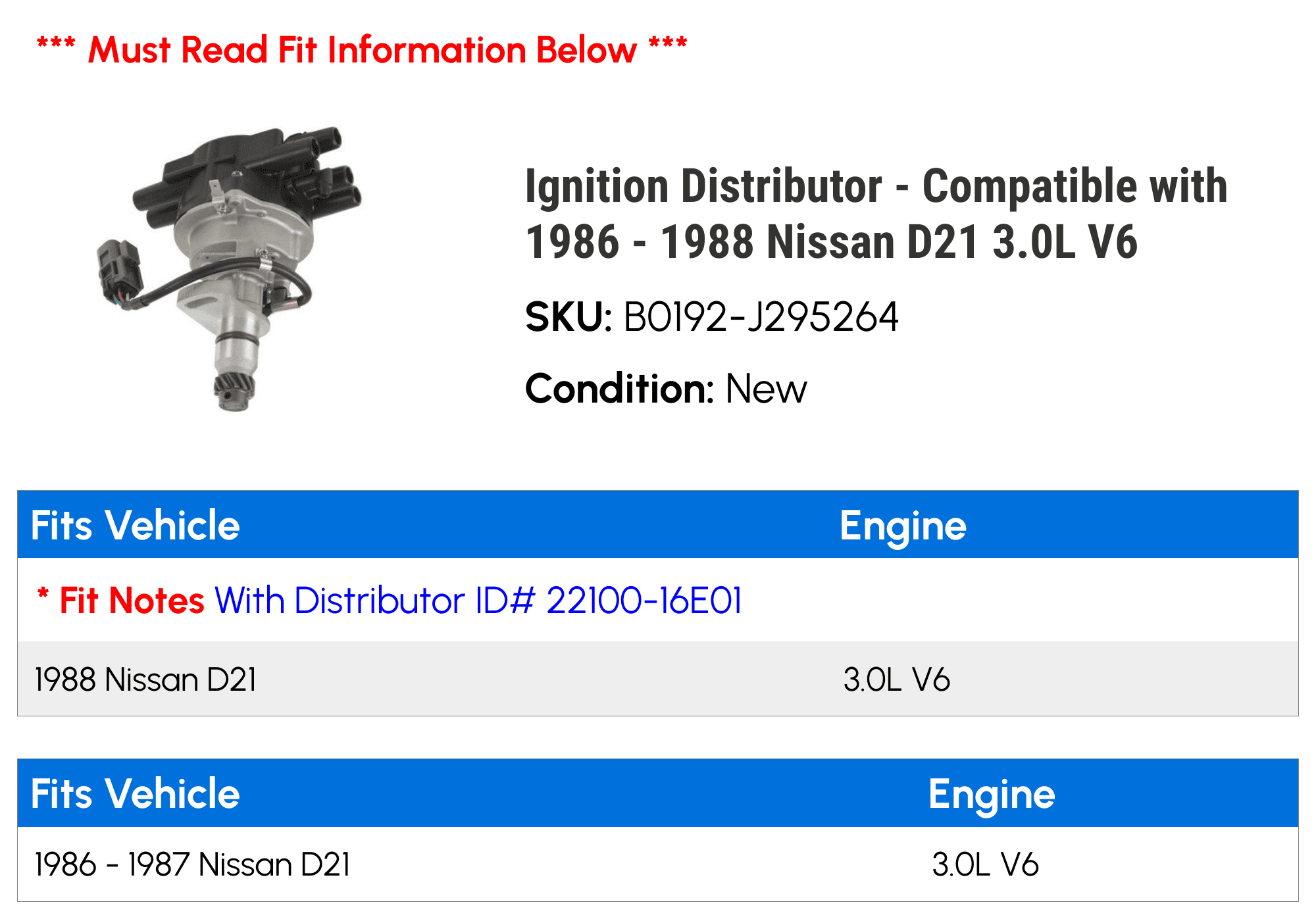 Ignition Distributor - Compatible with 1986 - 1988 Nissan D21 3.0L V6 1987