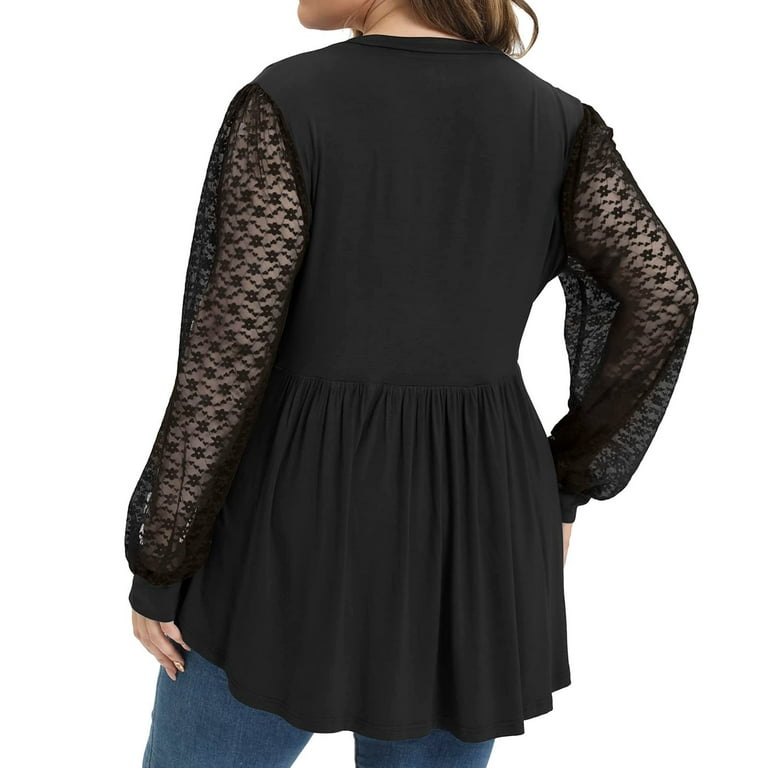 Plus Size Tops Women's Sheer Mesh Lace Long Sleeve V Neck Wrap Top Sexy  Casual Dressy Pleated Flowy Swing Blouses