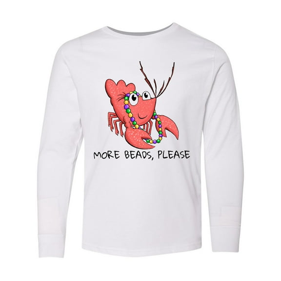 Inktastic More Beads, Please Cute Mardi Gras Crawfish Long Sleeve Youth T-Shirt