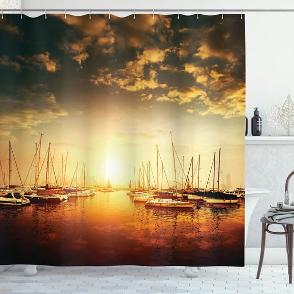 Ambesonne Marine Shower Curtain, Boats on the Pier, 69"Wx75"L, Orange Black Pale Yellow