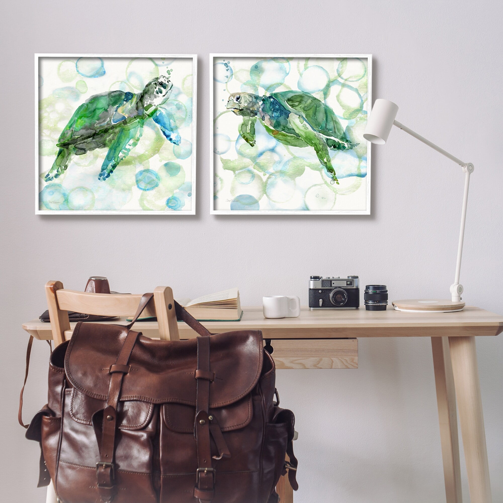 Stupell Industries Swimming Sea Turtle Floating Underwater Beach Bubbles Painting White Framed Art Print Wall Art, Set of 2, Design by Carol Robinson