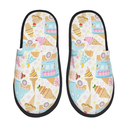 

Honeii Icecream Truck print Slippers Memory Foam House Bedroom Slippers for Women and Men Fuzzy Plush Comfy Faux Fur Lined Slide Shoes-Medium
