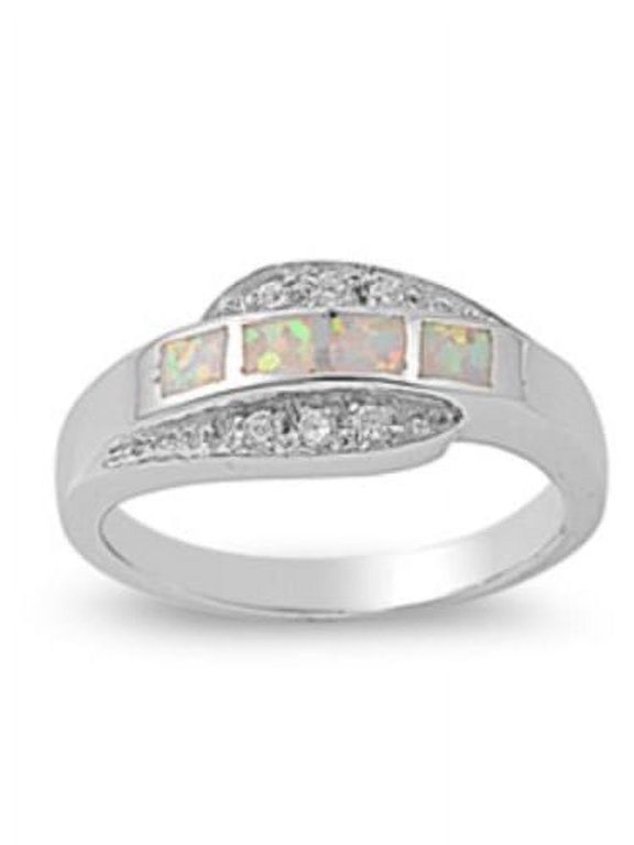 Quad Princess Center Clear Cubic Zirconia White Simulated Opal Ring Sterling Silver Size 6