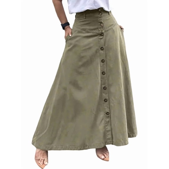 Women Button Down Maxi Skirts High Waist A-Line Pleated Long Skirts with Pockets Green M