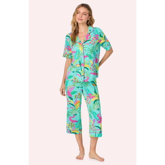 Room Service Womens Cozy Stretch Jersey Pajama Set - Short Sleeve Button Down Top & Cropped Pants