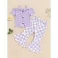 thumbnail image 2 of Suealasg Toddler Girls Clothes 1T 2T 3T 4T 5T Kids Little Girl Summer 2Pcs Outfit Short Sleeve Cold Shoulder Tops Checkerboard Daisy Print Flare Pants, 2 of 7