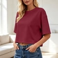 thumbnail image 2 of Hurxie Women Half Sleeve Cropped T-Shirts Drop Shoulder Round Neck Crop Tops Casual Summer Solid Color Basic Tees Wine,XL, 2 of 6