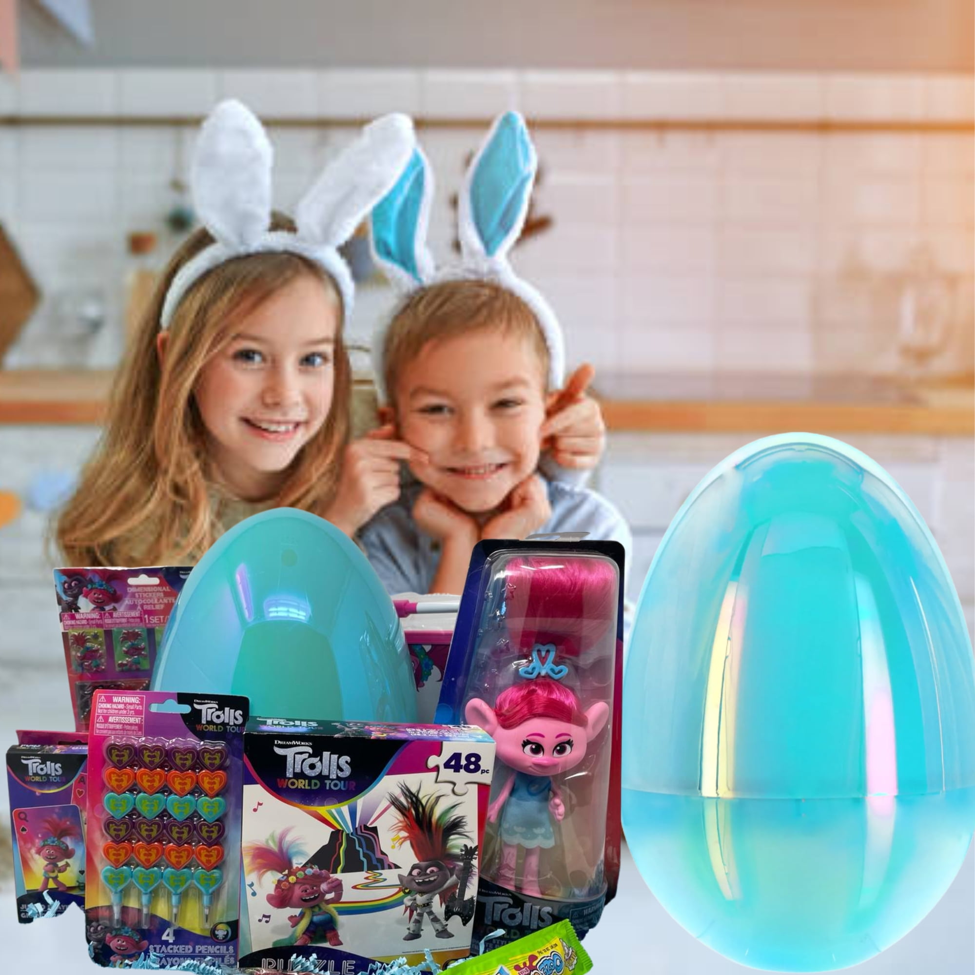 Happy Easter Jumbo Egg Gift Filled with Trolls Poppy Figure Puzzle Set Stacked Pencils Card Games White Board & Reusable Plastic Egg for Kids Girls Egg Hunt Spring Holiday Party Gifts (Contents Vary)