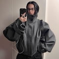 thumbnail image 4 of Women Cropped Trench Coat Zip Up Funnel Neck Short Jacket Oversized Wool Coats Fall Winter Casual Outfits Gray XS, 4 of 7