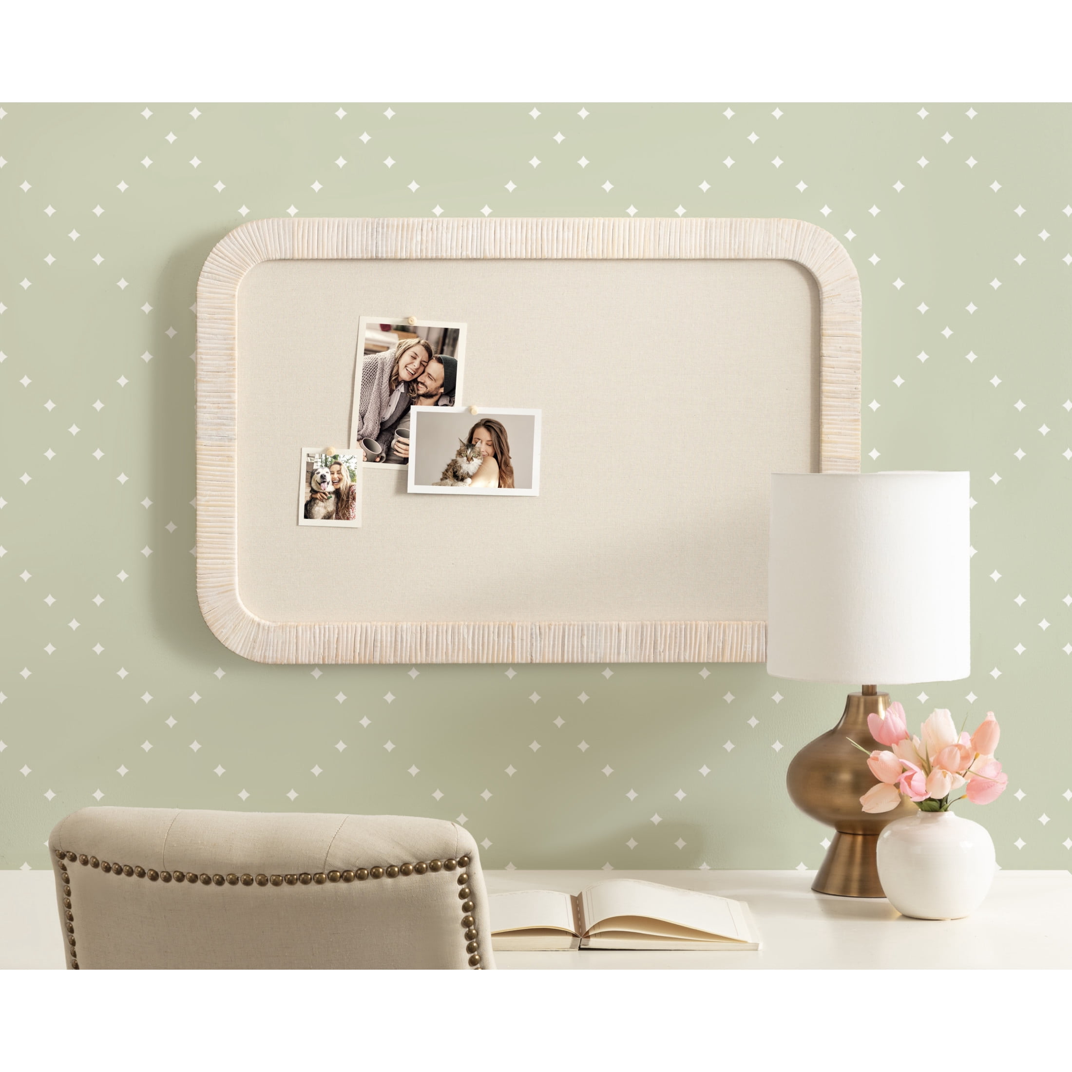 Kate and Laurel Rahfy Modern Rattan Framed Wall Pinboard, 20 x 30, White, Boho Rounded Rectangle Bulletin Board for Use as Dorm Room Decor or Vision Board