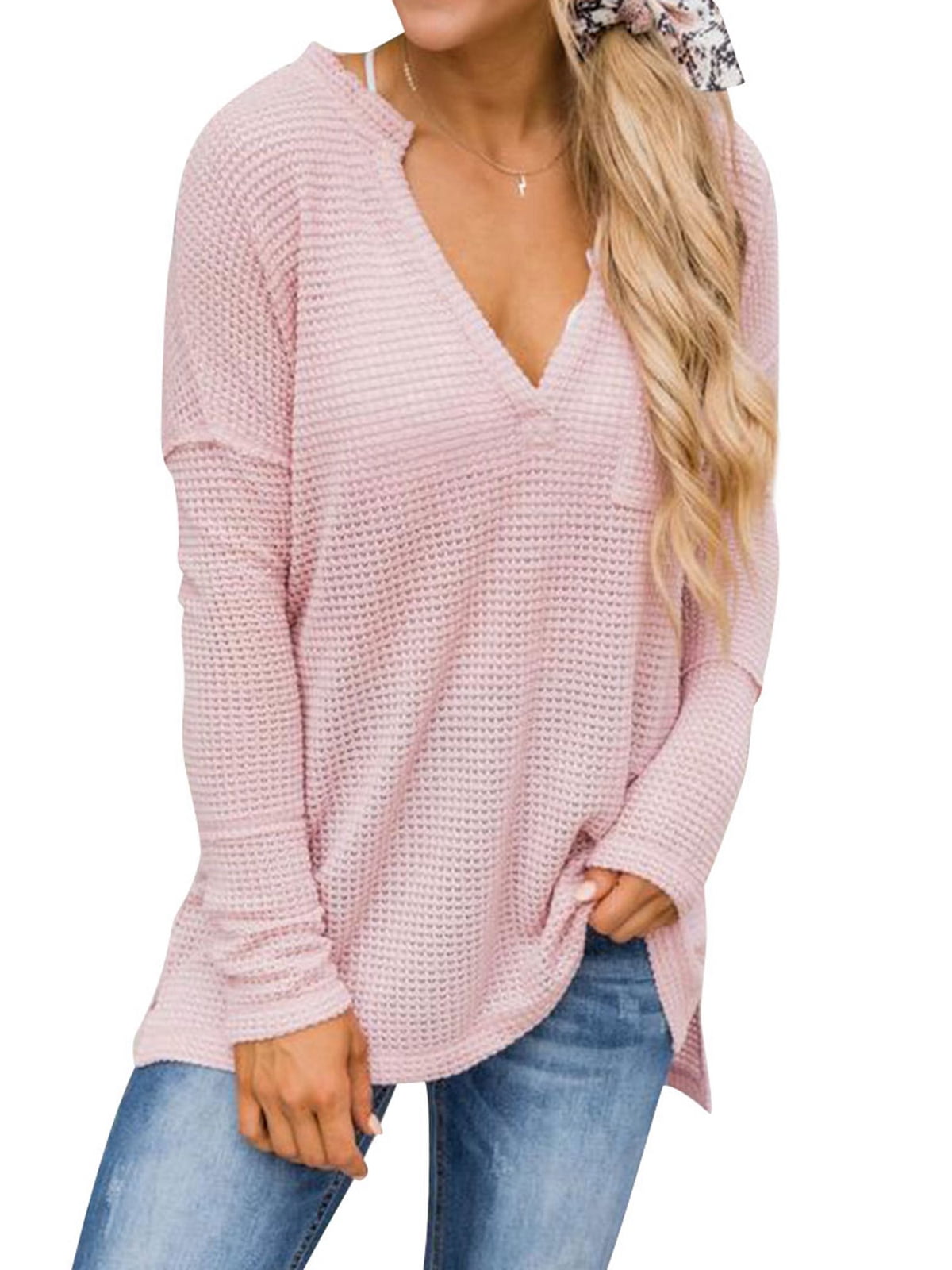 Astylish Womens V Neck Waffle Knit Tunic Blouse Side Slits High Low Top 