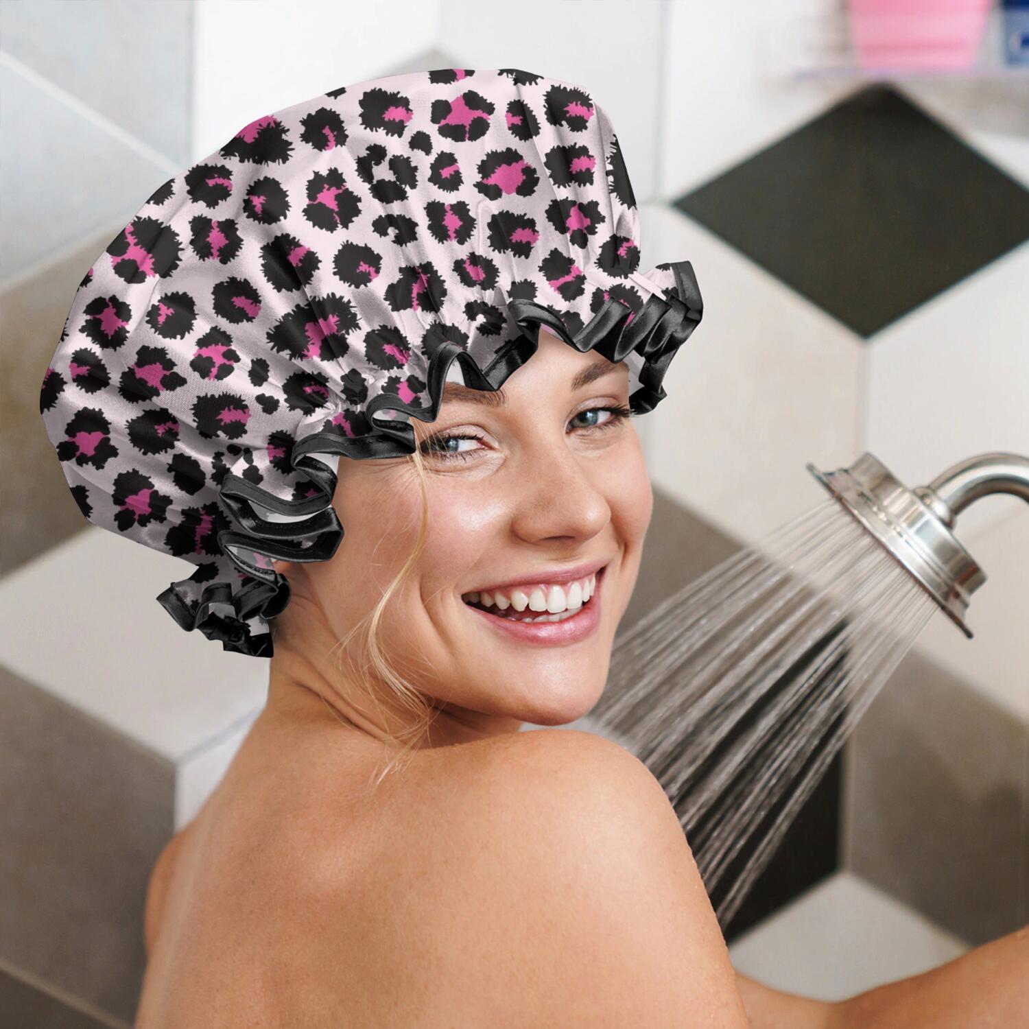 Shower Caps,Pink and Black Of Leopard Print Waterproof Shower Cap for Women 4 Pieces,Double Reusable Hair Cover for Shower PEVA Elastic Stretch Hem