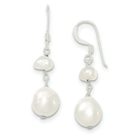 Pearl Vermeil Silver Hook Earrings Sterling Silver White FW Cultured Pearl Dangle Earrings 0.7grams (L 40mm W 9mm)Polished | Sterling silver | Dyed | Freshwater cultured pearl | Shepherd hook | Dangle ()