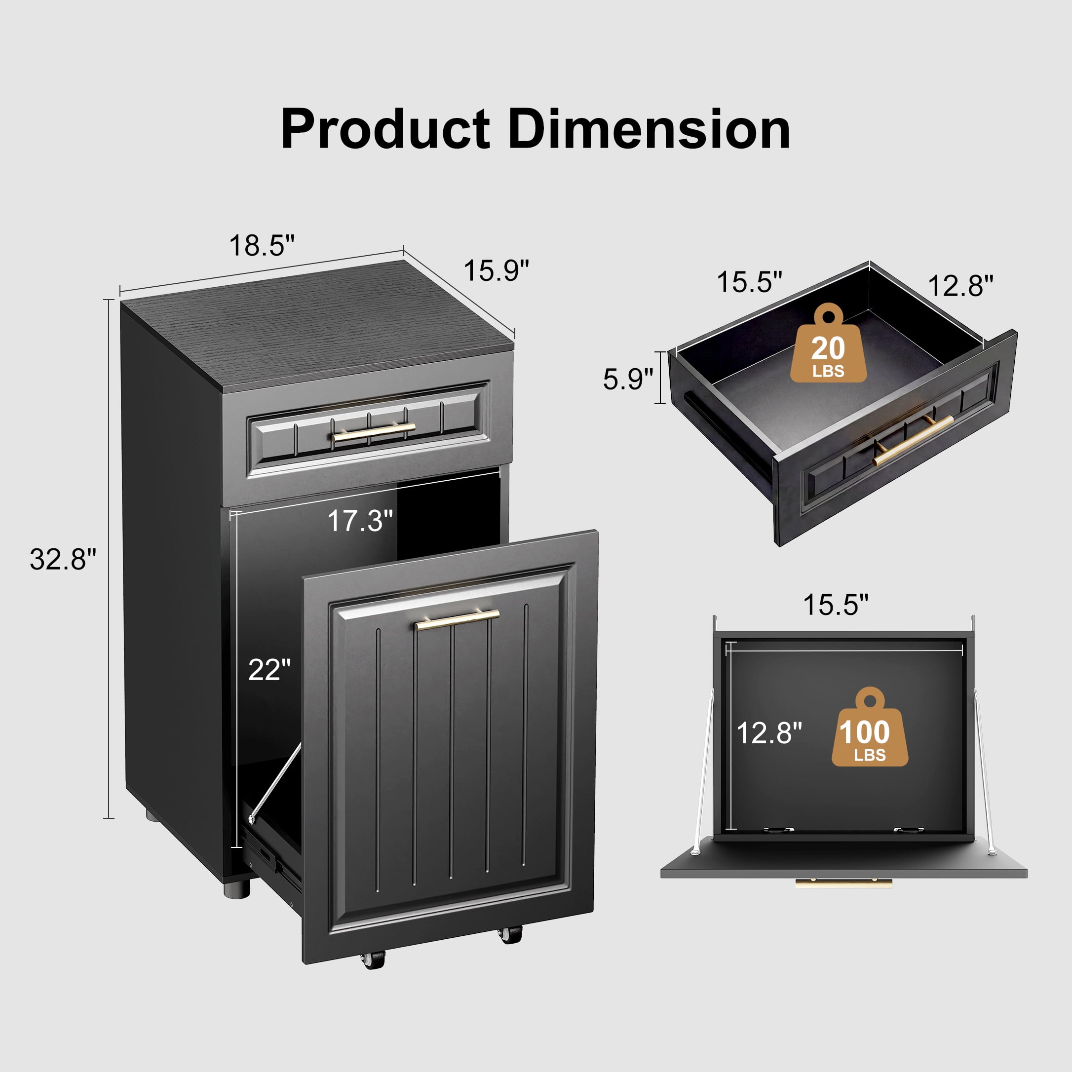 Pull Out Trash Can Cabinet for Double 7 Gallon or 13 Gallon Bin, Freestanding Kitchen Trash Bin Cabinet with Drawer, Pet Proof Hidden Garbage & Recycling Storage for Laundry & Living Room, Black