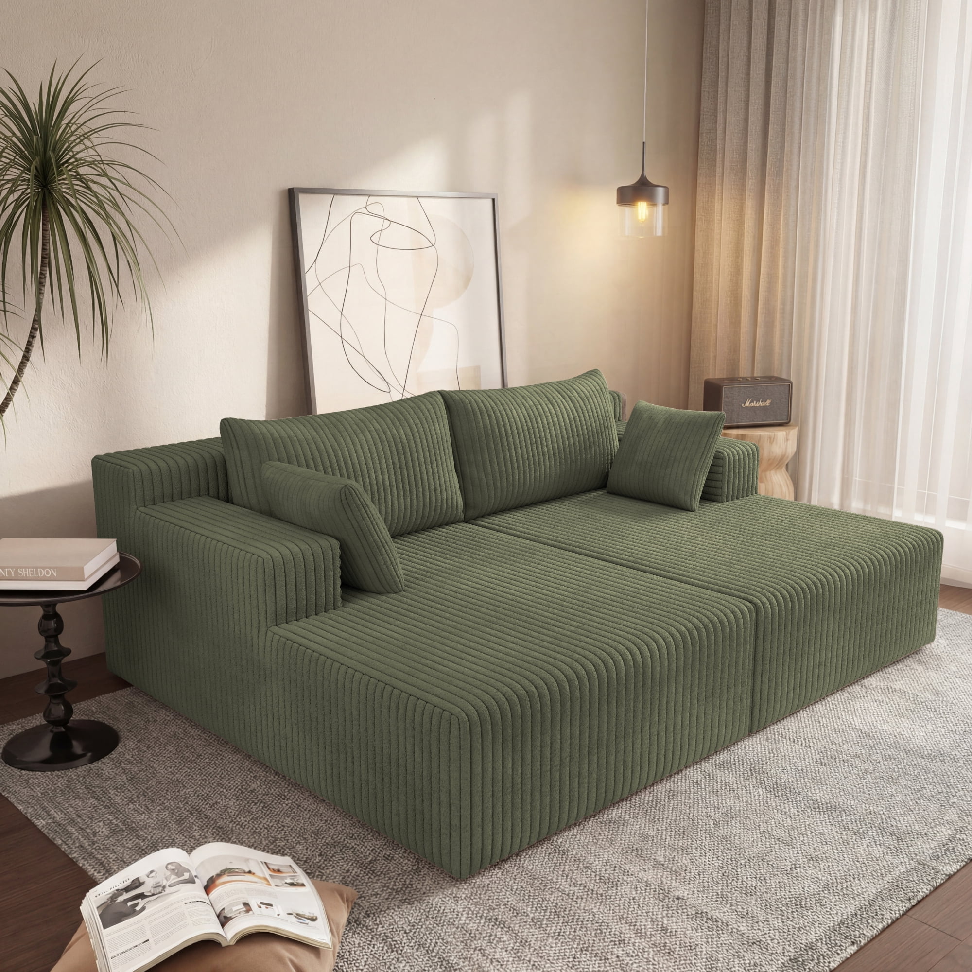 HOQBN 71" Oversized Double Chaise Lounges Indoor,Upholstered Corduroy Boneless Couch with 4 Pillows,Reading Lazy Cloud Plush Sofa Bed for Living Room, Bedroom,No Assembly,Antique Green