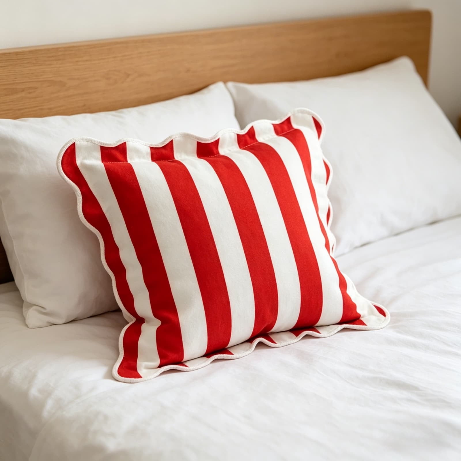 2026 New 18x18 Inch Red and White Striped Throw Pillow with Scalloped Edges, Patriotic Decorative Cushion for 4th of July, Americana Style Accent Pillow for Sofa and Bed