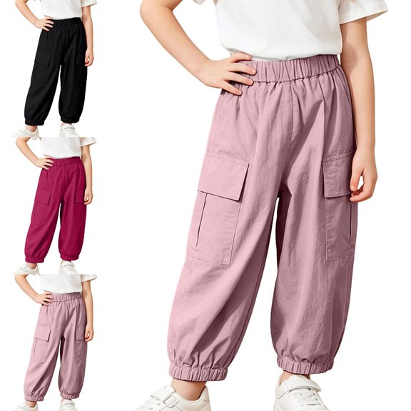 Teylalorva Girl's Pants Cargo Jogger with Pockets Loose Breathable Summer Elastic Waist Comfy Casual Pants(2-15) Pink Size 14