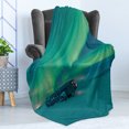 thumbnail image 4 of Aurora Borealis Soft Flannel Fleece Throw Blanket, Old Plane Wreck Under Aurora Borealis Misty Winter Day View, Cozy Plush for Indoor and Outdoor Use, 70" x 90", Petrol Blue Lime Green, by Ambesonne, 4 of 5