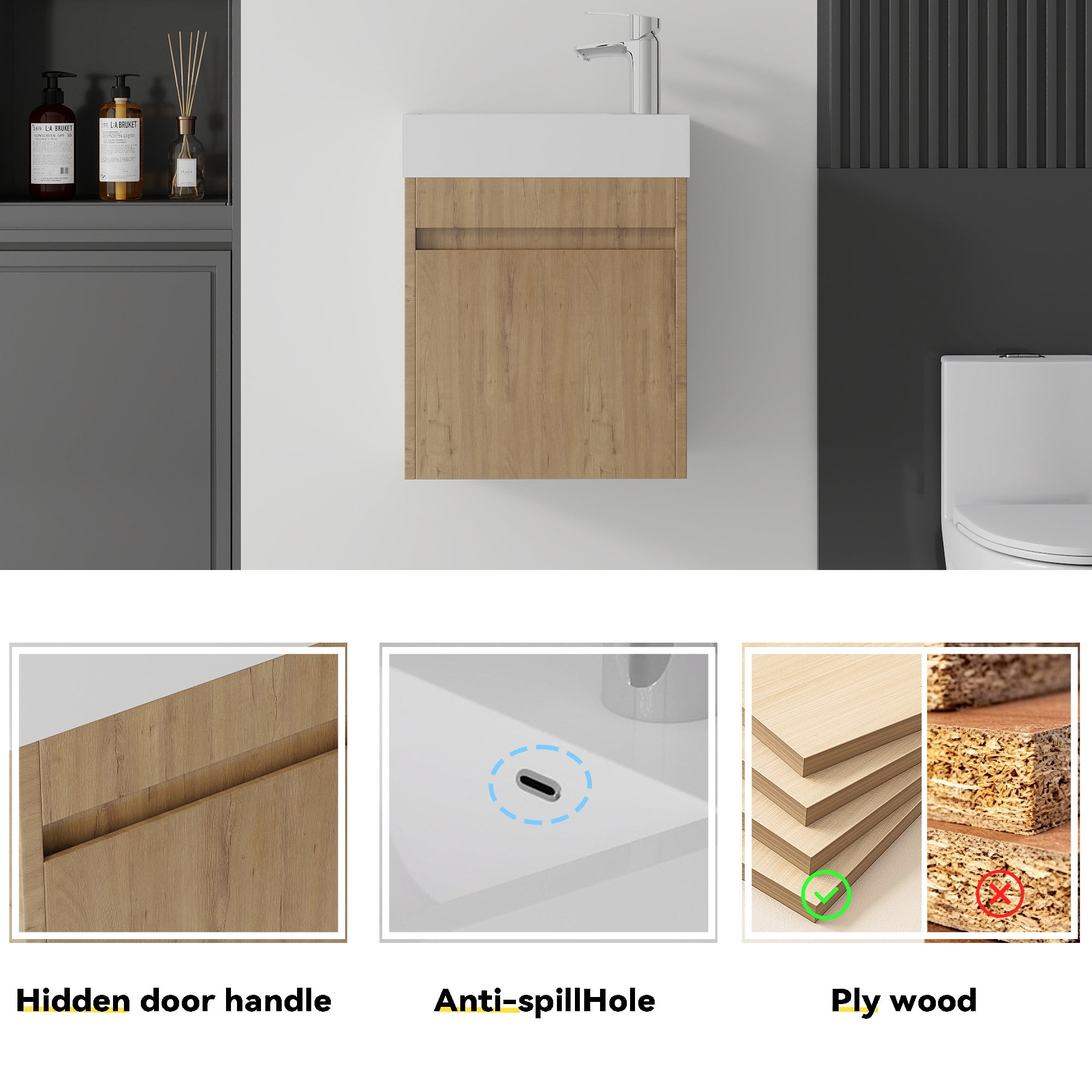 Leumius 18" Floating Bathroom Vanity with Ceramic Sink,Modern Wall Mounted Basin Cabinet with Soft-Close Doors for Small Bathrooms,Oak