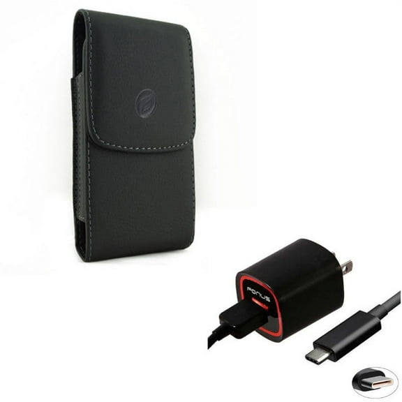 Black Vertical Leather Phone Case w 2.4 Amp Rapid Home Wall Travel Charger USB 6ft Type-C Cable Q6Z for Acer Liquid Jade Primo - ASUS ZenFone AR 4 Pro - Blackberry Motion - BLU Vivo XI Plus