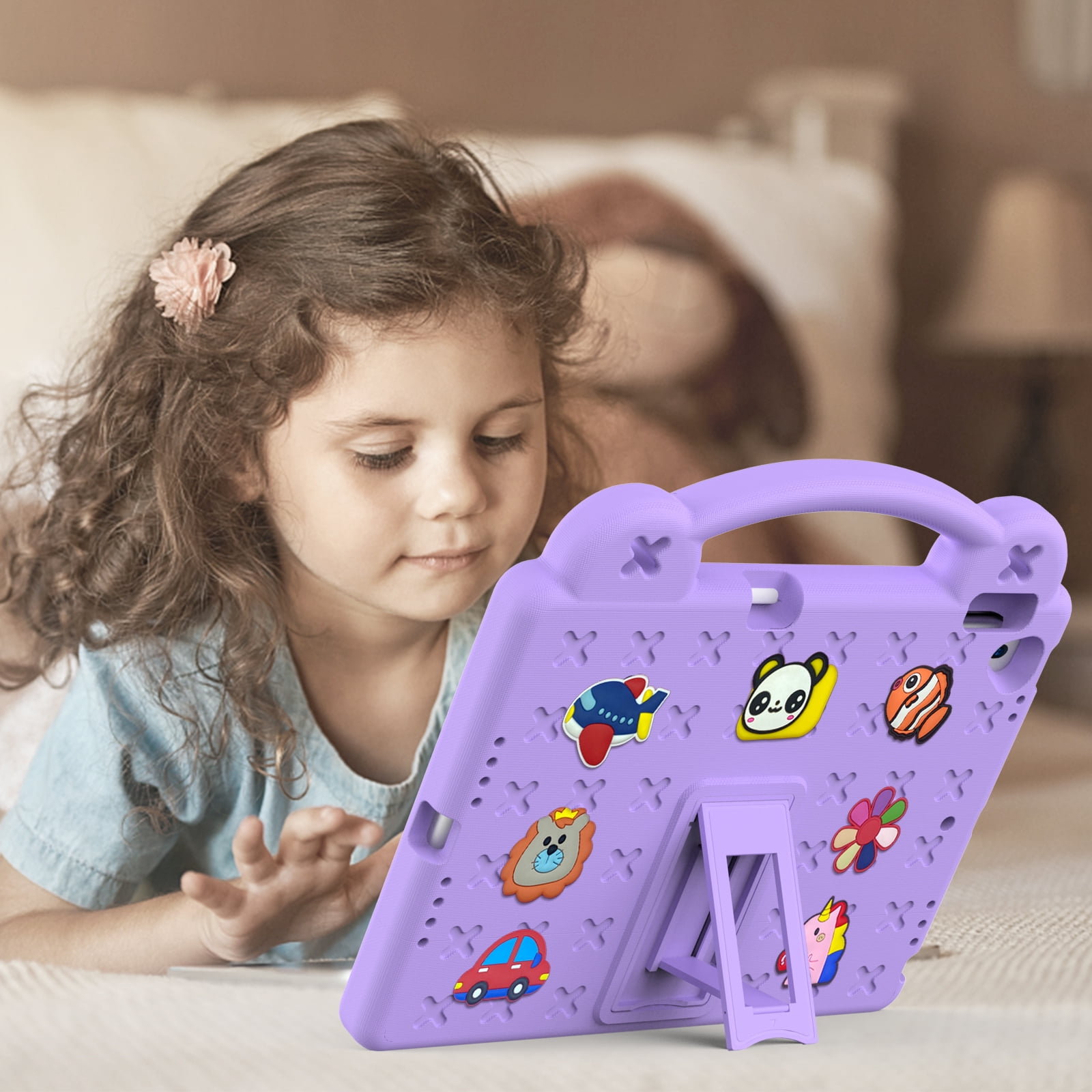 ELEHOLD Kids Case for iPad 9th/8th/7th Gen (2021/2020/2019)10.2 inch, EVA Foam Cute Cartoon Case with Built-in Kickstand Pencil Holder Shockproof Portable Case for iPad 10.2",Lightpurple