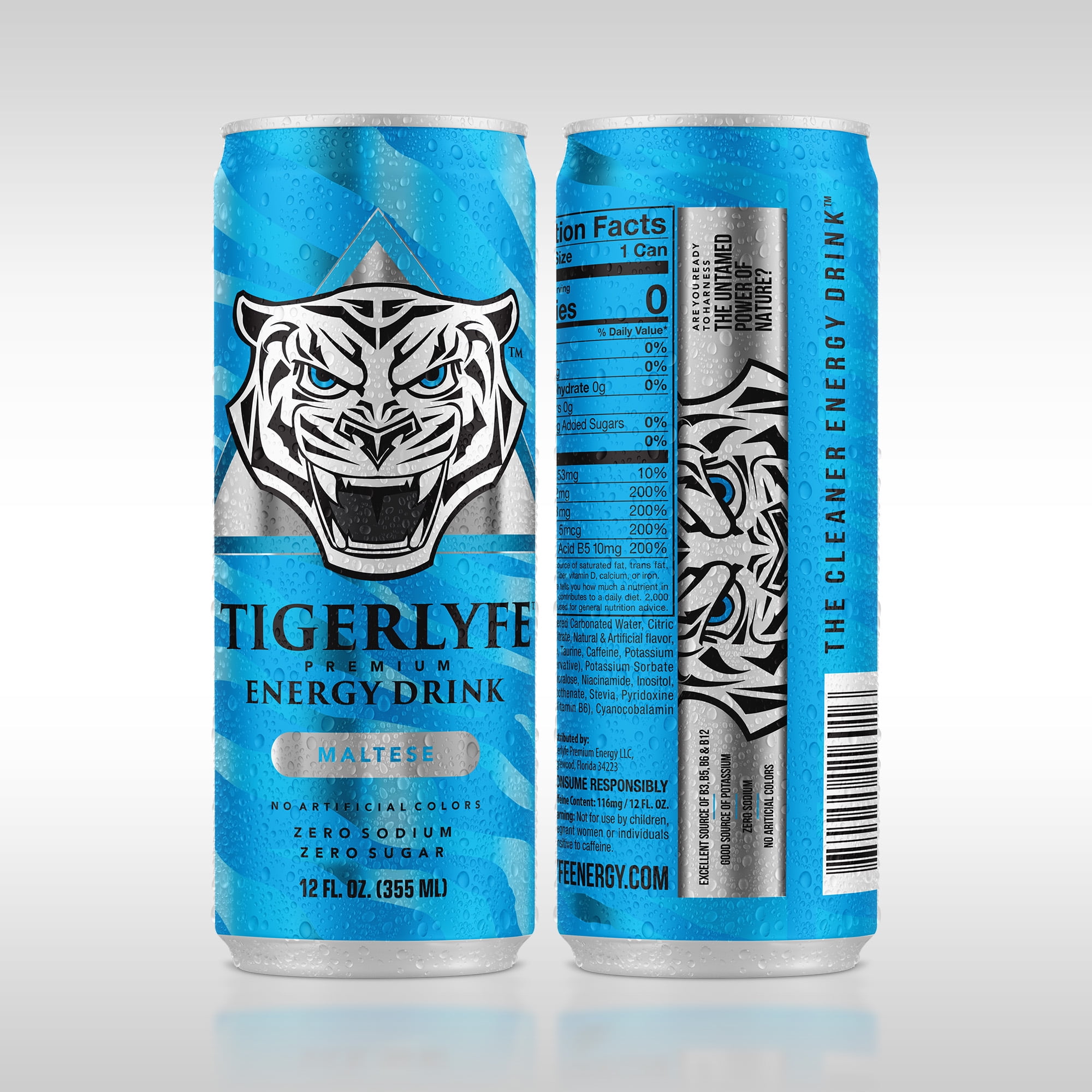 TIGERLYFE Sugar-Free Energy Drink 12-Pack, Zero Calorie & Carb, 12oz Slim Cans with B Vitamins & Electrolytes for Energy Boost & Hydration (Maltese)