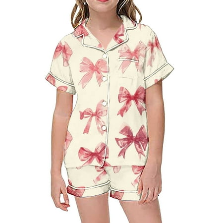 XUELUO Toddler Girls Outfit Sets Kids Graphic Print Short Sleeve Button Shirts With Shorts 2 Piece Pajamas Outwear Pink 12-13 Years