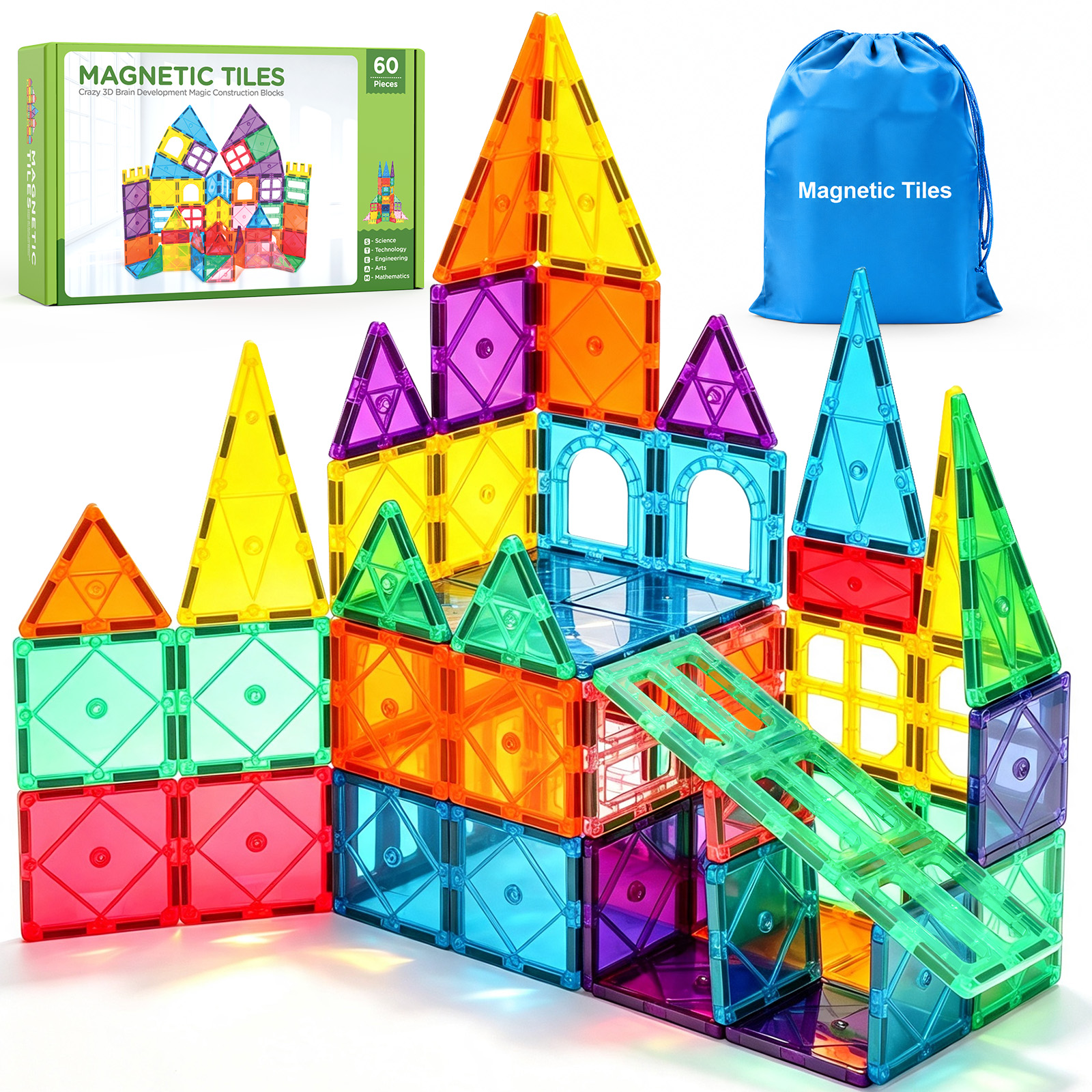 FunMagic Magnetic Tiles Starter Pack, 60 Pieces, Ages 3-8