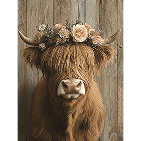Highland Cow Floral Wreath Canvas Wall Art, Perfect for Farmhouse, Living Room, Bedroom, Office, and Dining Room Decor.