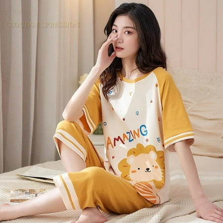 

QWZNDZGR Summer Knitted Cotton Cartoon Pajamas Sets Women Pyjamas Sleepwear Nightwear Pijama Mujer Plus Size Calf-Length Pants Homewear