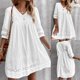 thumbnail image 2 of Vestido boho para mujer: cuello en V, manga corta, estampado floral, cintura elástica, largo midi, poliéster, vestido informal para fiestas en la playa., 2 of 8
