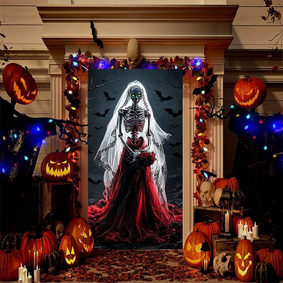 Halloween Door Cover Decoration, Large Vintage Scary Witch Halloween Front Door Banner Tapestry, Polyester Door Hanging Backdrop for Porch Entryway Party Indoor Outdoor Holiday Decor, 35 x 71 in