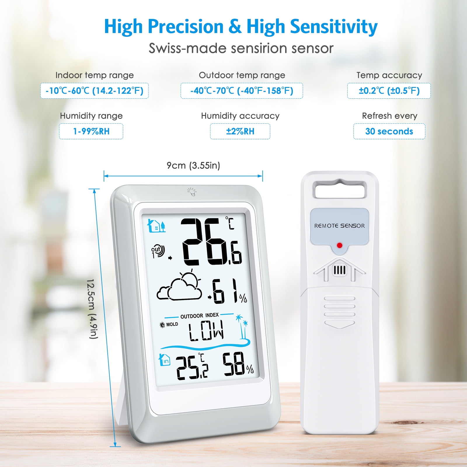 Weather Station, AMIR Indoor Thermometer Outdoor Thermometer with 330ft Remote Sensor Humidity Gauge for Home Greenhouse Office