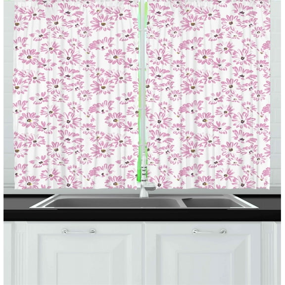 Ambesonne Flower Kitchen Curtains, Romantic Florals Petals, 55"x39", Pale Pink White