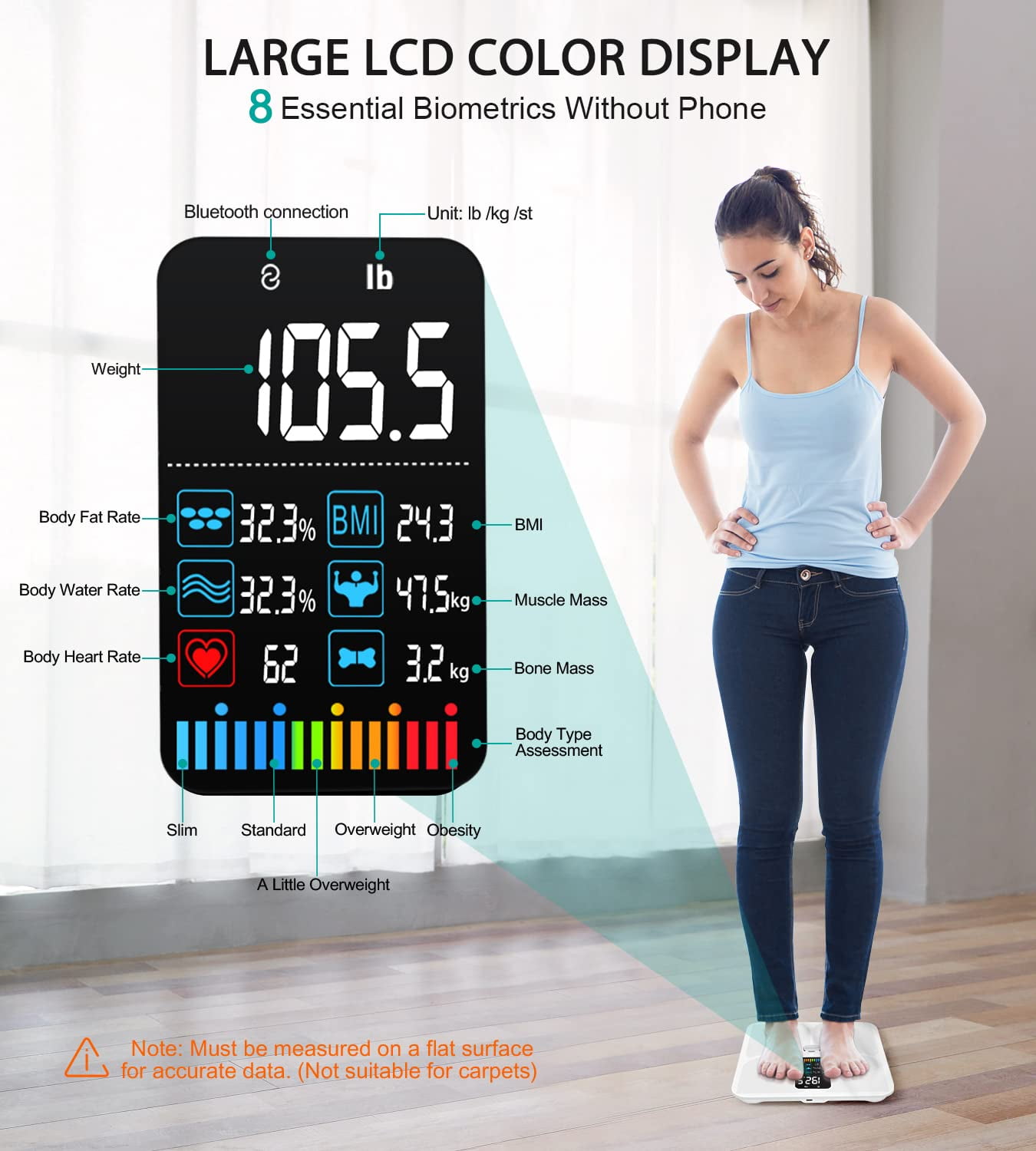 ABLEGRID Smart Digital Bathroom Scale for Body Weight With App, Capacity 400lb, White