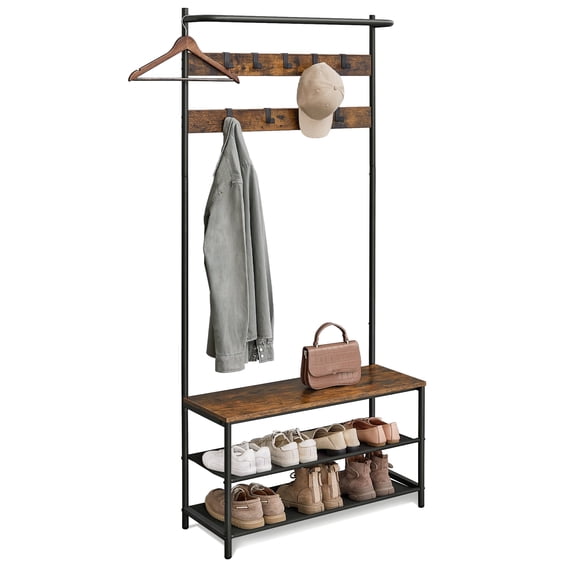 VASAGLE Hall Tree with Bench and Shoe Storage, Entryway Bench with Coat Rack Stand and Shoe Rack, 9 Movable Hooks, Top Bar, Fabric Shelves, Industrial